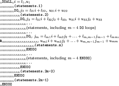 \begin{figure}\begin{small}
\verb*\vert DOALL \vert$i=l_1,u_1$\par\verb*\vert (s...
...rt (statements.2m-1)\vert
\par\verb*\vert ENDDO\vert
\par\end{small}\end{figure}