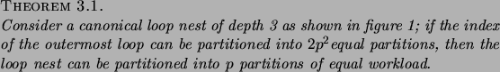 \begin{theorem}
% latex2html id marker 129Consider a canonical loop nest of de...
...op nest can be partitioned into $p$\ partitions
of equal workload.
\end{theorem}