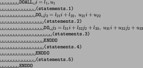 \begin{figure}\verb*\vert DOALL \vert$i=l_1,u_1$\par\verb*\vert (statements.1)\v...
...
\par\verb*\vert (statements.5)\vert
\par\verb*\vert ENDDO\vert
\par\end{figure}
